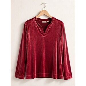 LOGO Lori‎ Goldstein Womens XXS Velvet Split V-Neck Long Sleeve Tunic Top Red